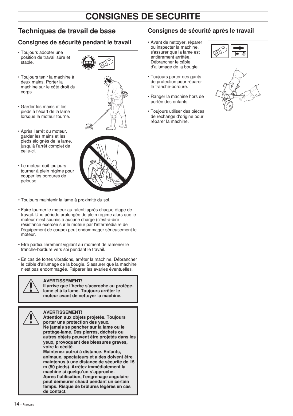 Consignes de securite, Techniques de travail de base | Husqvarna Edger Attachment User Manual | Page 14 / 28