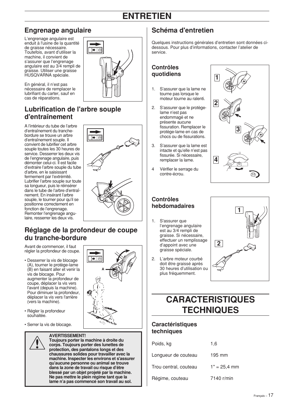 Entretien, Caracteristiques techniques, Engrenage angulaire | Schéma d'entretien | Husqvarna Edger Attachment User Manual | Page 17 / 28