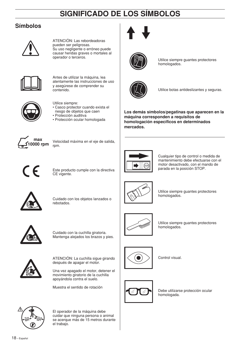 Significado de los símbolos, Símbolos | Husqvarna Edger Attachment User Manual | Page 18 / 28