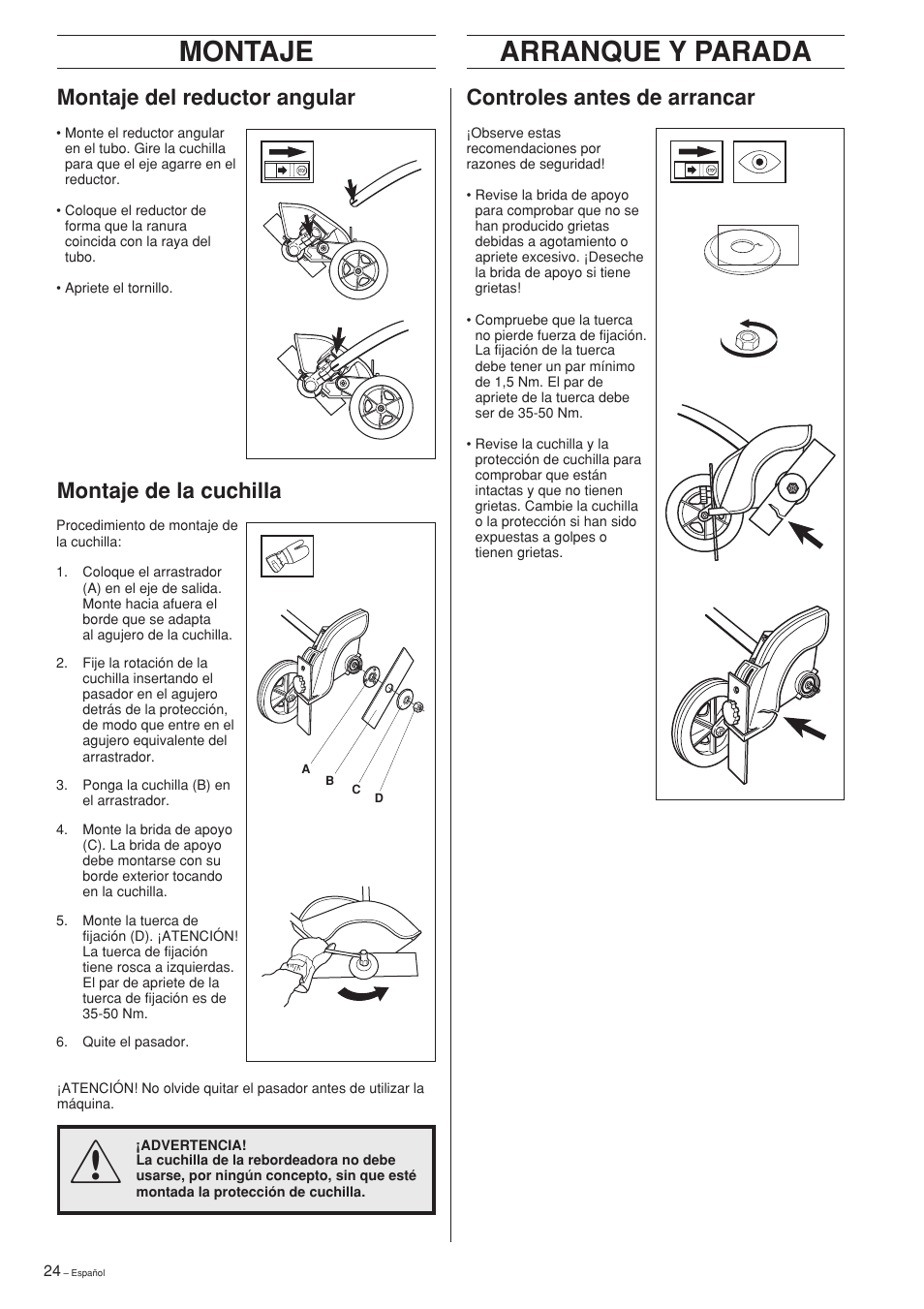 Montaje, Arranque y parada, Montaje de la cuchilla | Husqvarna Edger Attachment User Manual | Page 24 / 28