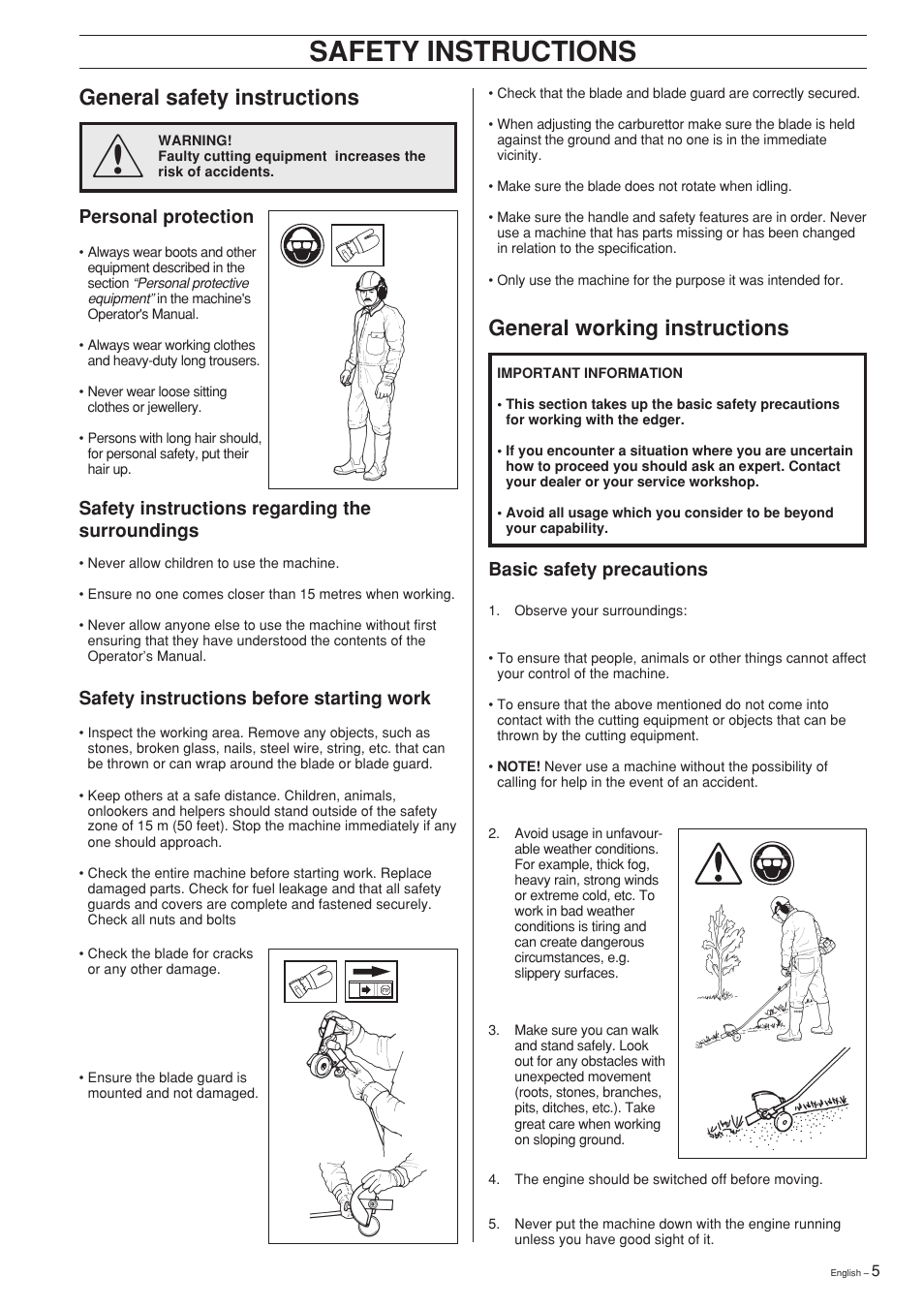 Safety instructions, General safety instructions, General working instructions | Personal protection, Safety instructions regarding the surroundings, Safety instructions before starting work, Basic safety precautions | Husqvarna Edger Attachment User Manual | Page 5 / 28