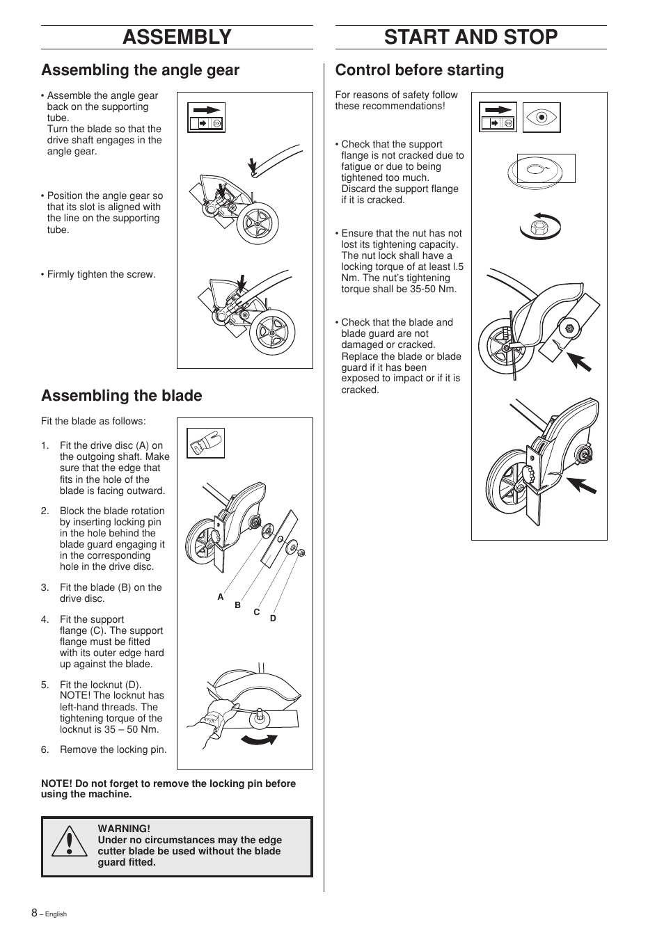 Assembly, Start & stop, Start and stop | Assembling the blade, Assembling the angle gear, Control before starting | Husqvarna Edger Attachment User Manual | Page 8 / 28