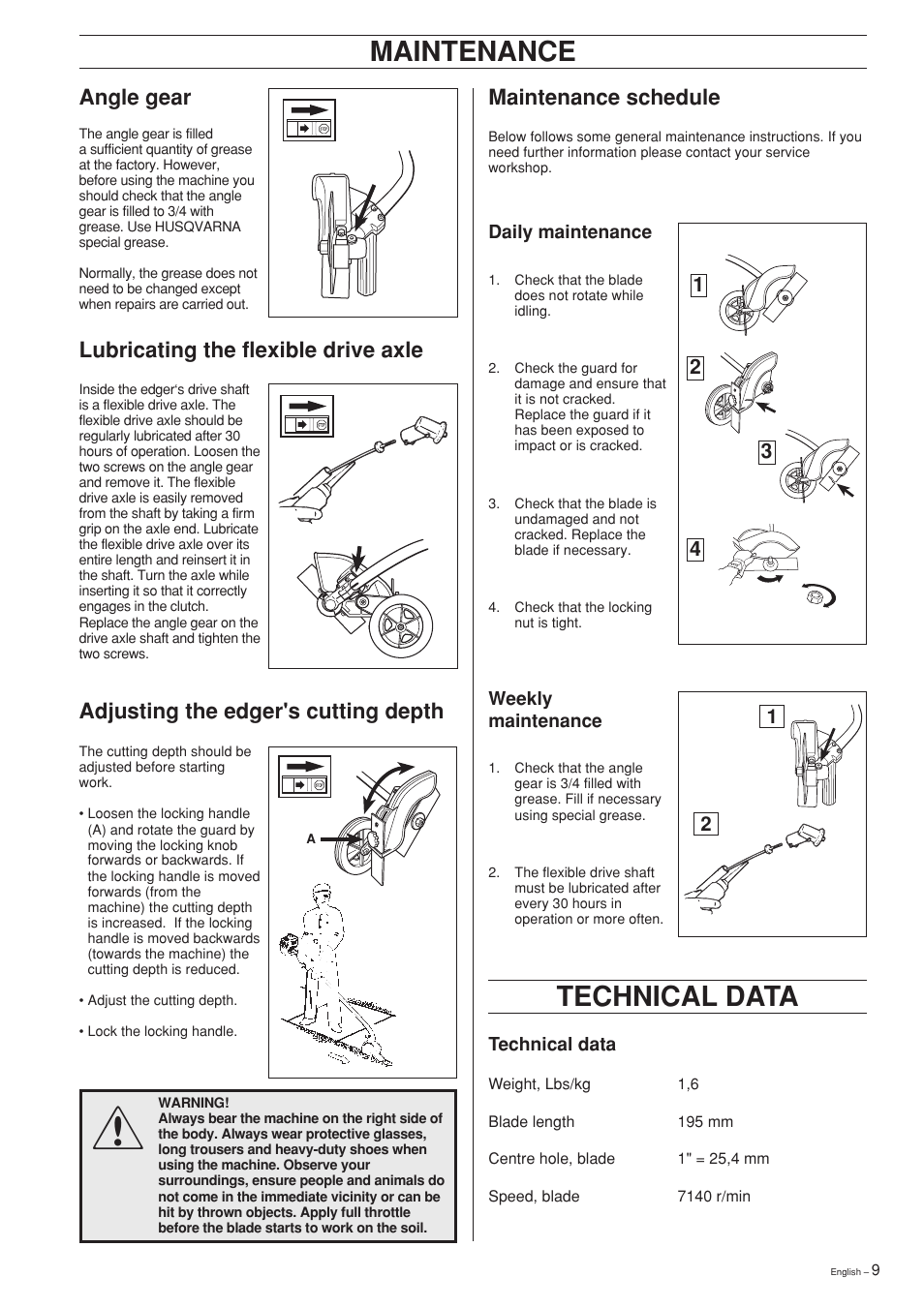 Maintenance, Technical data, Lubricating the flexible drive axle | Adjusting the edger's cutting depth angle gear, Maintenance schedule | Husqvarna Edger Attachment User Manual | Page 9 / 28