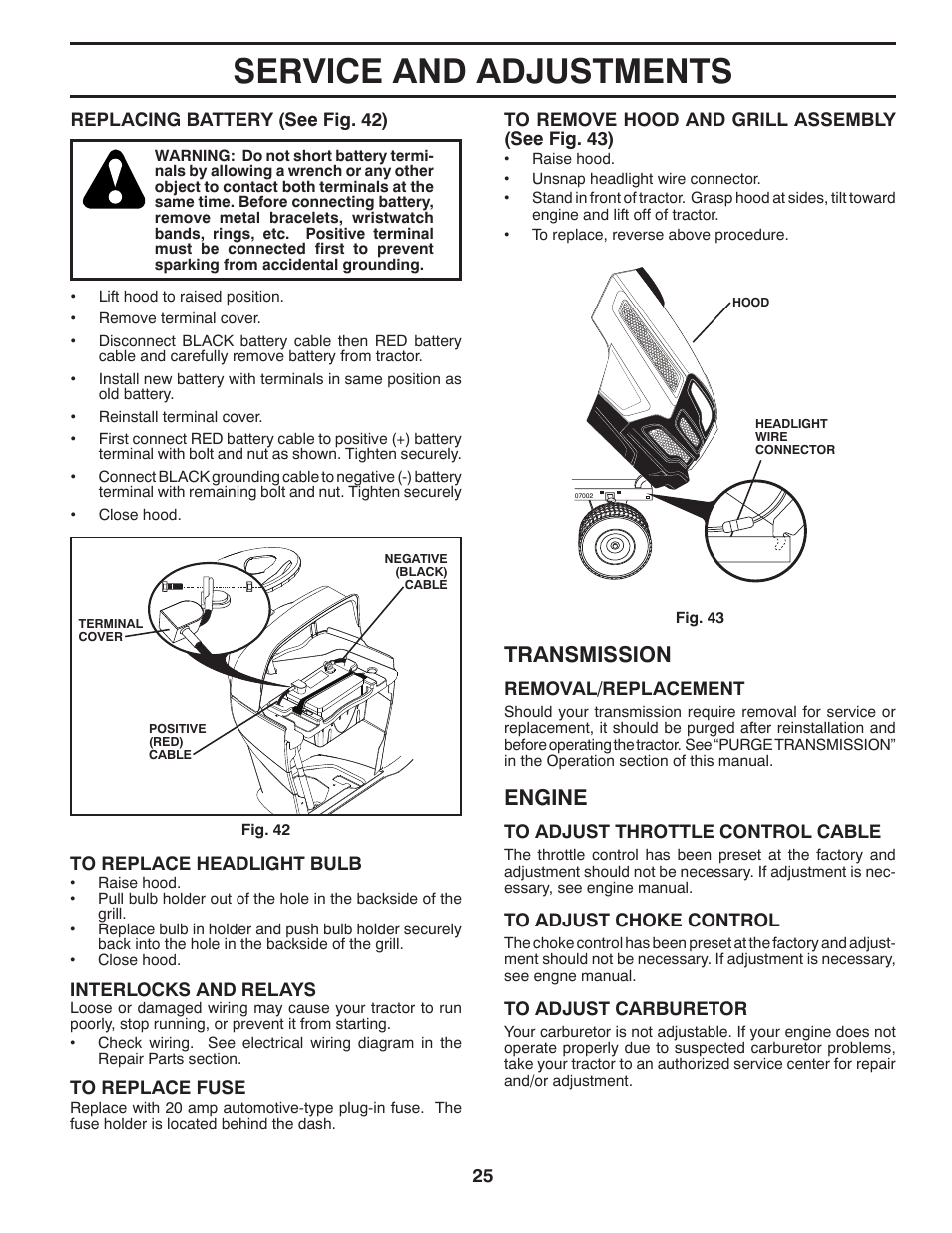 Service and adjustments, Engine, Transmission | Husqvarna 532 44 02-80 User Manual | Page 25 / 48