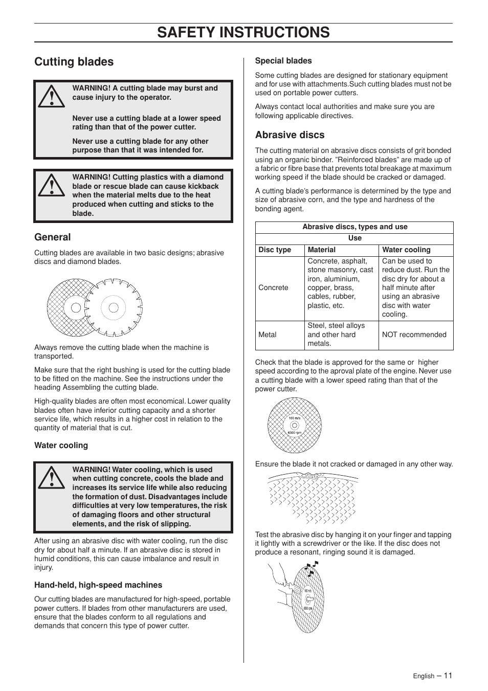 Cutting blades, General, Abrasive discs | Safety instructions | Husqvarna K960 User Manual | Page 11 / 24