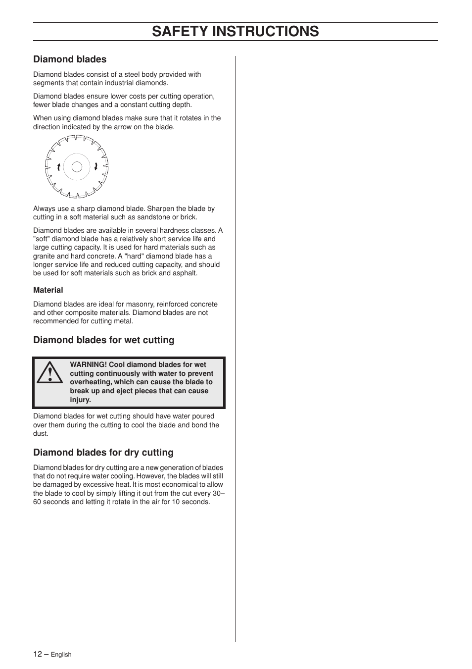 Diamond blades, Diamond blades for wet cutting, Diamond blades for dry cutting | Safety instructions | Husqvarna K960 User Manual | Page 12 / 24