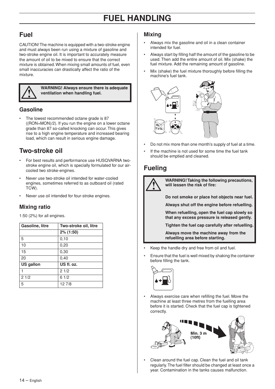 Fuel, Gasoline, Two-stroke oil | Mixing ratio, Mixing, Fueling, Fuel handling | Husqvarna K960 User Manual | Page 14 / 24
