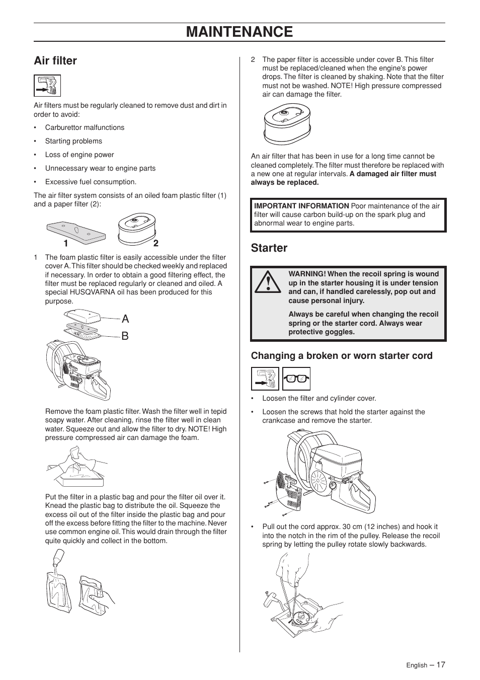 Air filter, Starter, Changing a broken or worn starter cord | Maintenance | Husqvarna K960 User Manual | Page 17 / 24