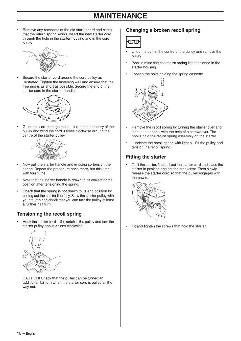 Tensioning the recoil spring, Changing a broken recoil spring, Fitting the starter | Maintenance | Husqvarna K960 User Manual | Page 18 / 24