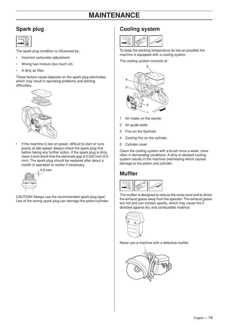 Spark plug, Cooling system, Muffler | Maintenance | Husqvarna K960 User Manual | Page 19 / 24