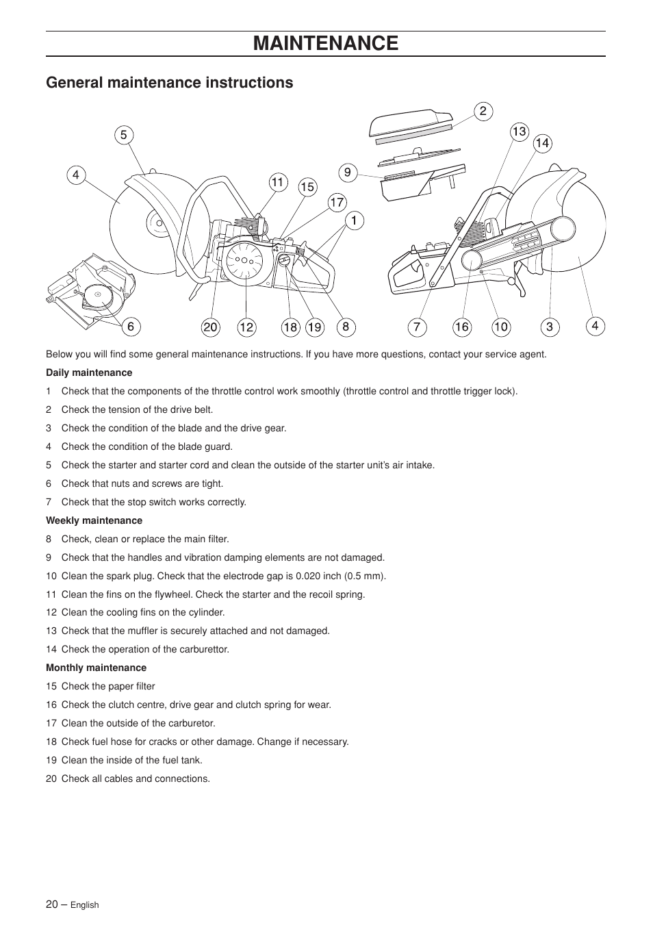General maintenance instructions, Maintenance | Husqvarna K960 User Manual | Page 20 / 24