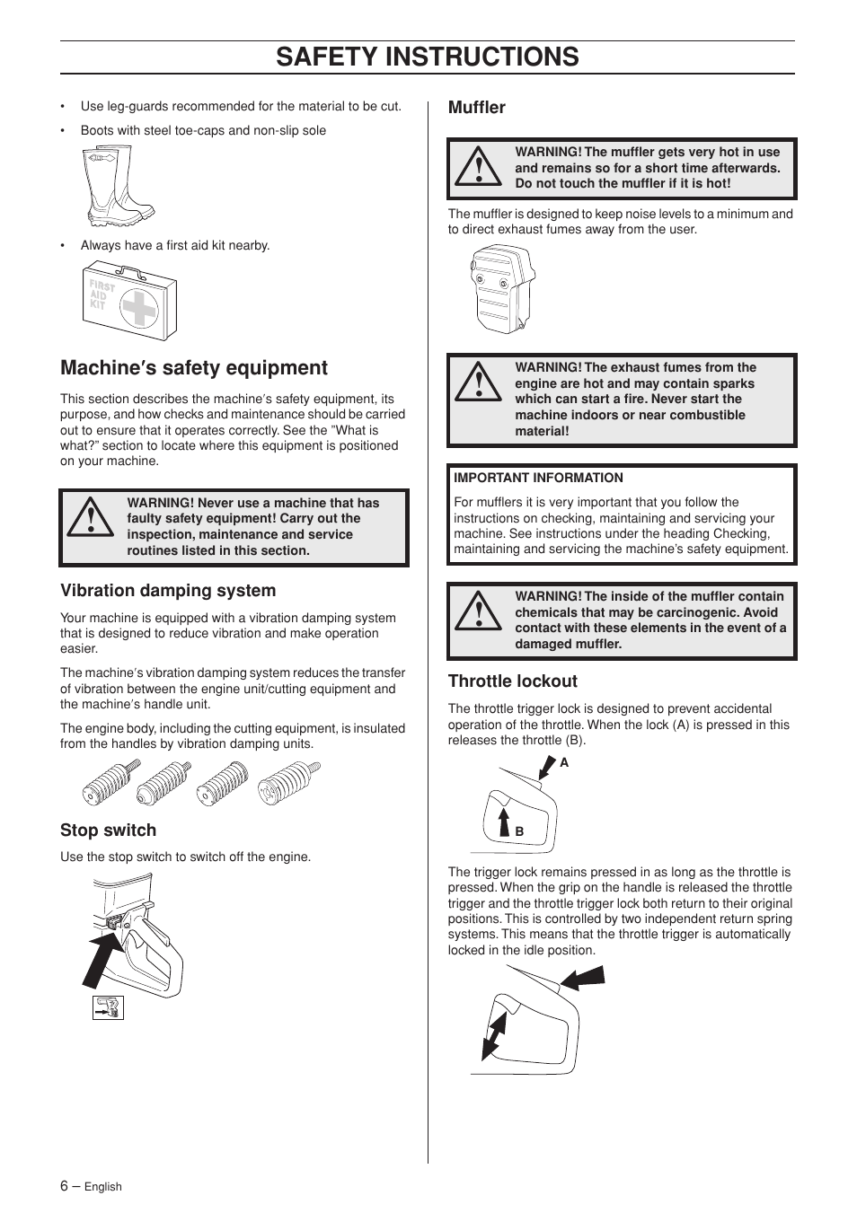 Machine¢s safety equipment, Vibration damping system, Stop switch | Muffler, Throttle lockout, Safety instr uctions, Mac hine ′′′′ s safety equipment | Husqvarna K960 User Manual | Page 6 / 24