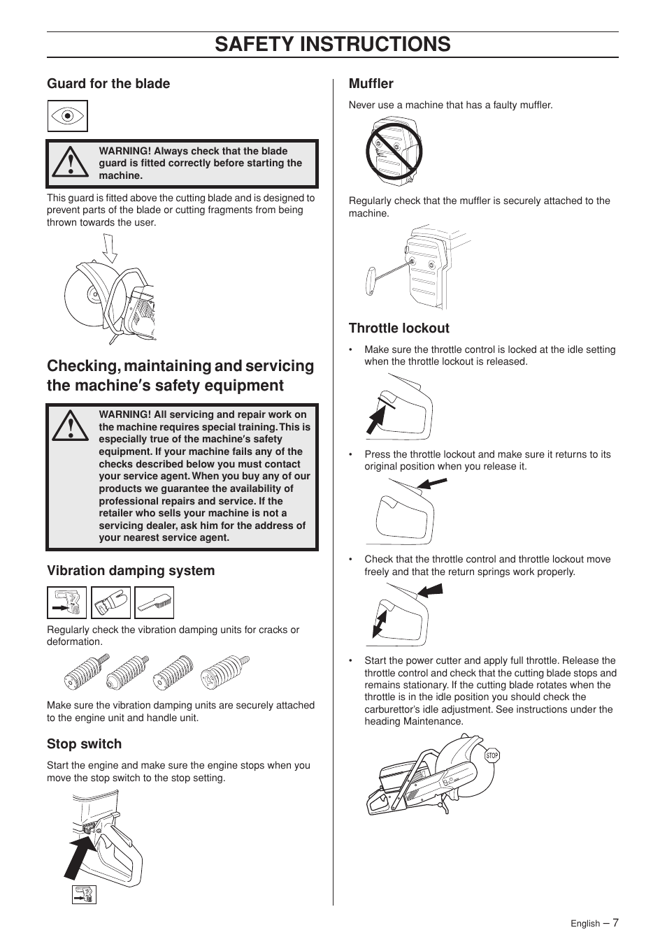 Guard for the blade, Vibration damping system, Stop switch | Muffler, Throttle lockout, Safety instr uctions | Husqvarna K960 User Manual | Page 7 / 24