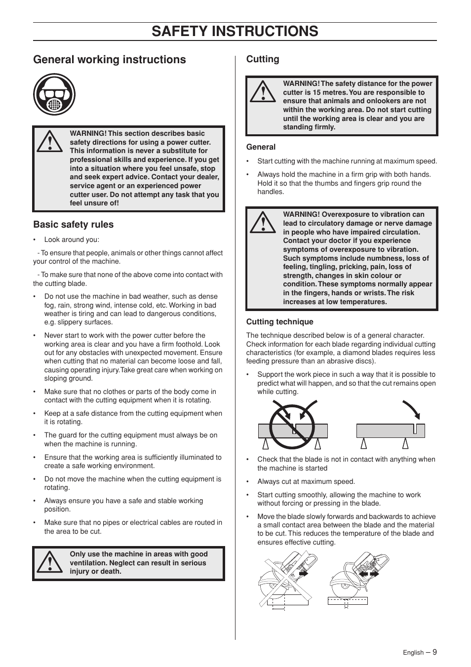 General working instructions, Basic safety rules, Cutting | Safety instructions | Husqvarna K960 User Manual | Page 9 / 24