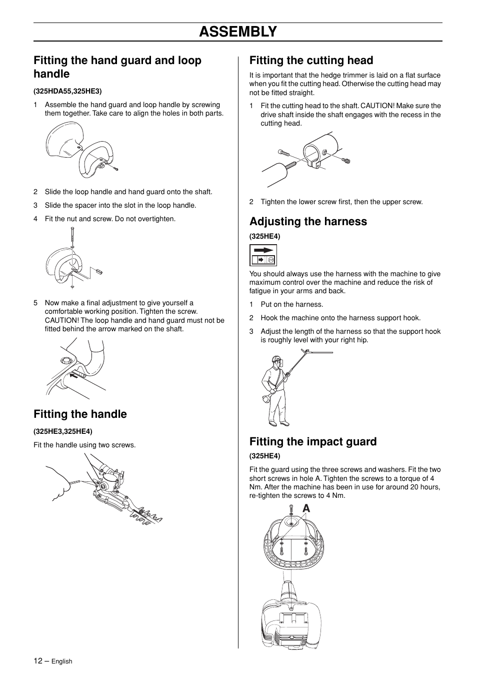 Fitting the hand guard and loop handle, Fitting the handle, Fitting the cutting head | Adjusting the harness, Fitting the impact guard, Assembly | Husqvarna 325HE4X User Manual | Page 12 / 22