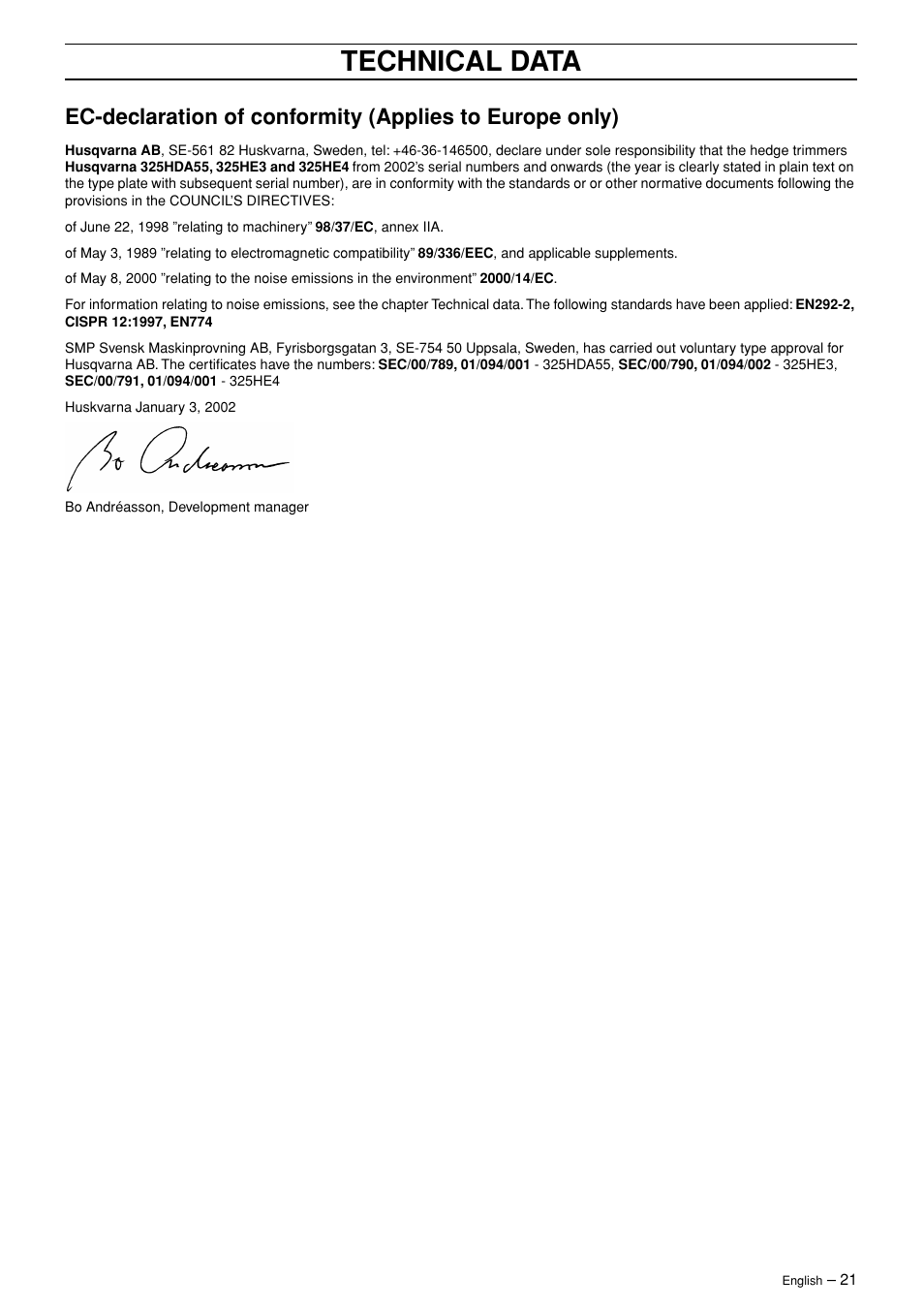 Technical data | Husqvarna 325HE4X User Manual | Page 21 / 22