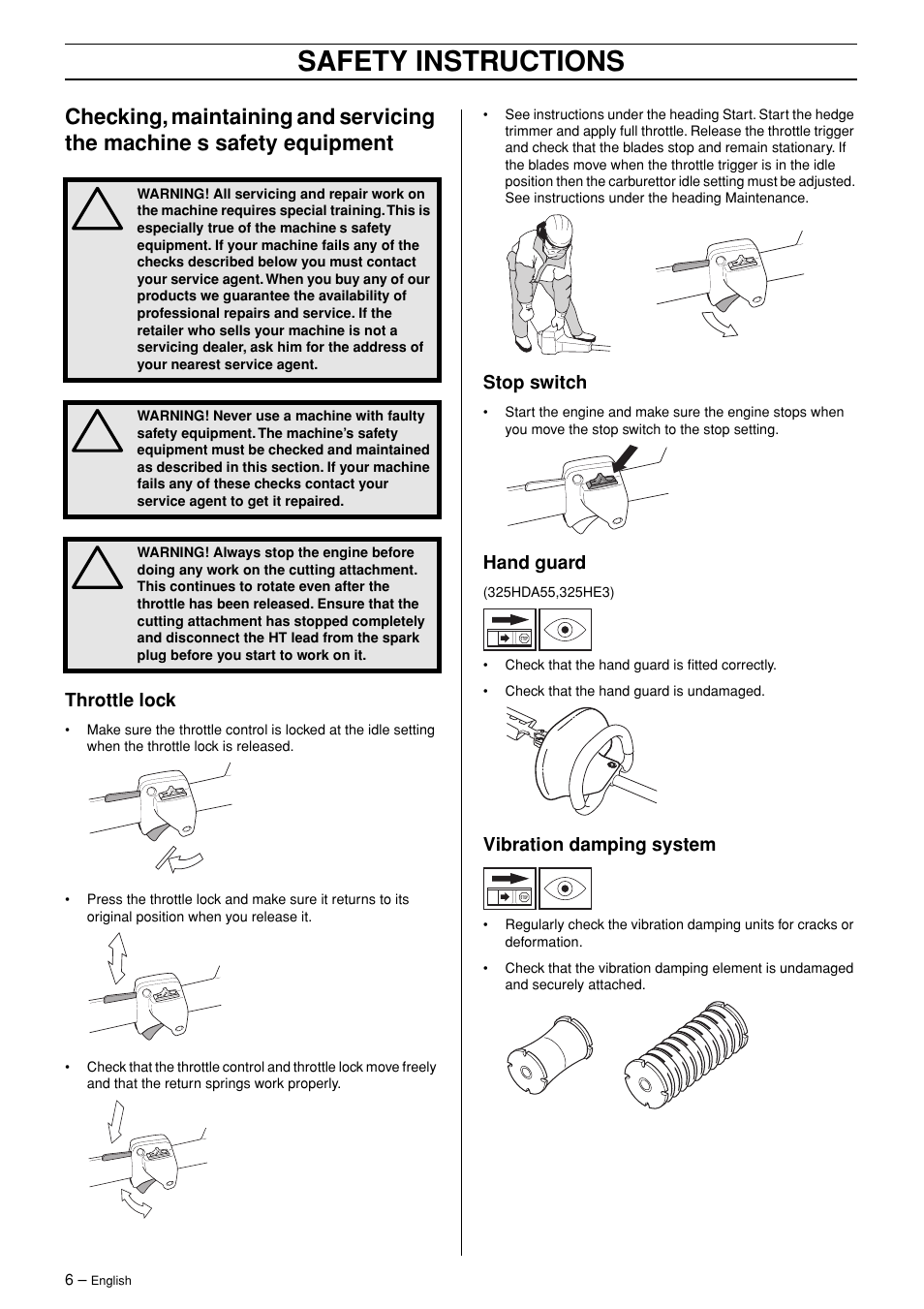 Throttle lock, Stop switch, Hand guard | Vibration damping system, Safety instructions | Husqvarna 325HE4X User Manual | Page 6 / 22