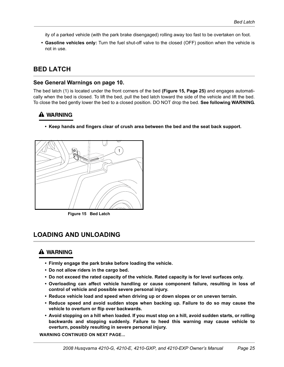 Bed latch, Loading and unloading, Loading and unloading ý | Husqvarna FOREST AND GARDEN HUV4210-G User Manual | Page 27 / 64