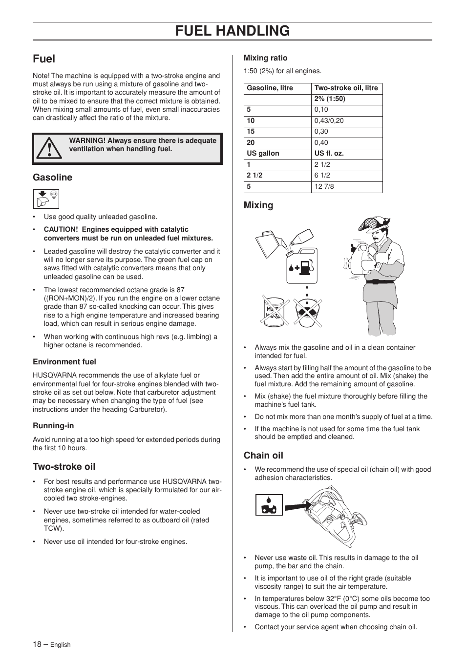 Fuel, Gasoline, Two-stroke oil | Mixing, Chain oil, Fuel handling | Husqvarna 345e EPA II User Manual | Page 18 / 44