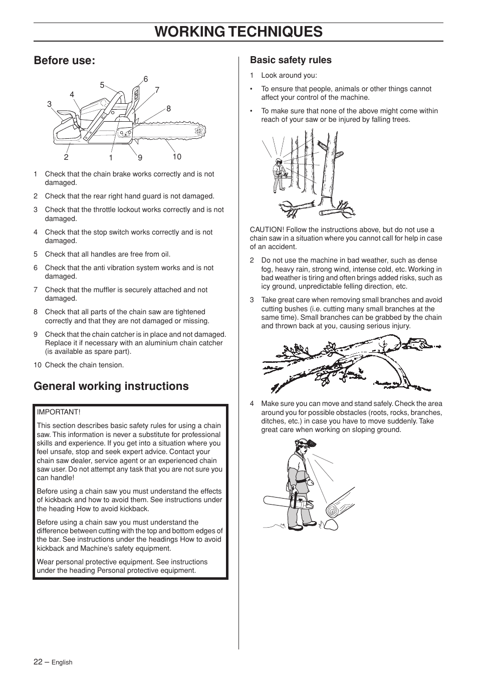 Before use, General working instructions, Basic safety rules | Working techniques | Husqvarna 345e EPA II User Manual | Page 22 / 44