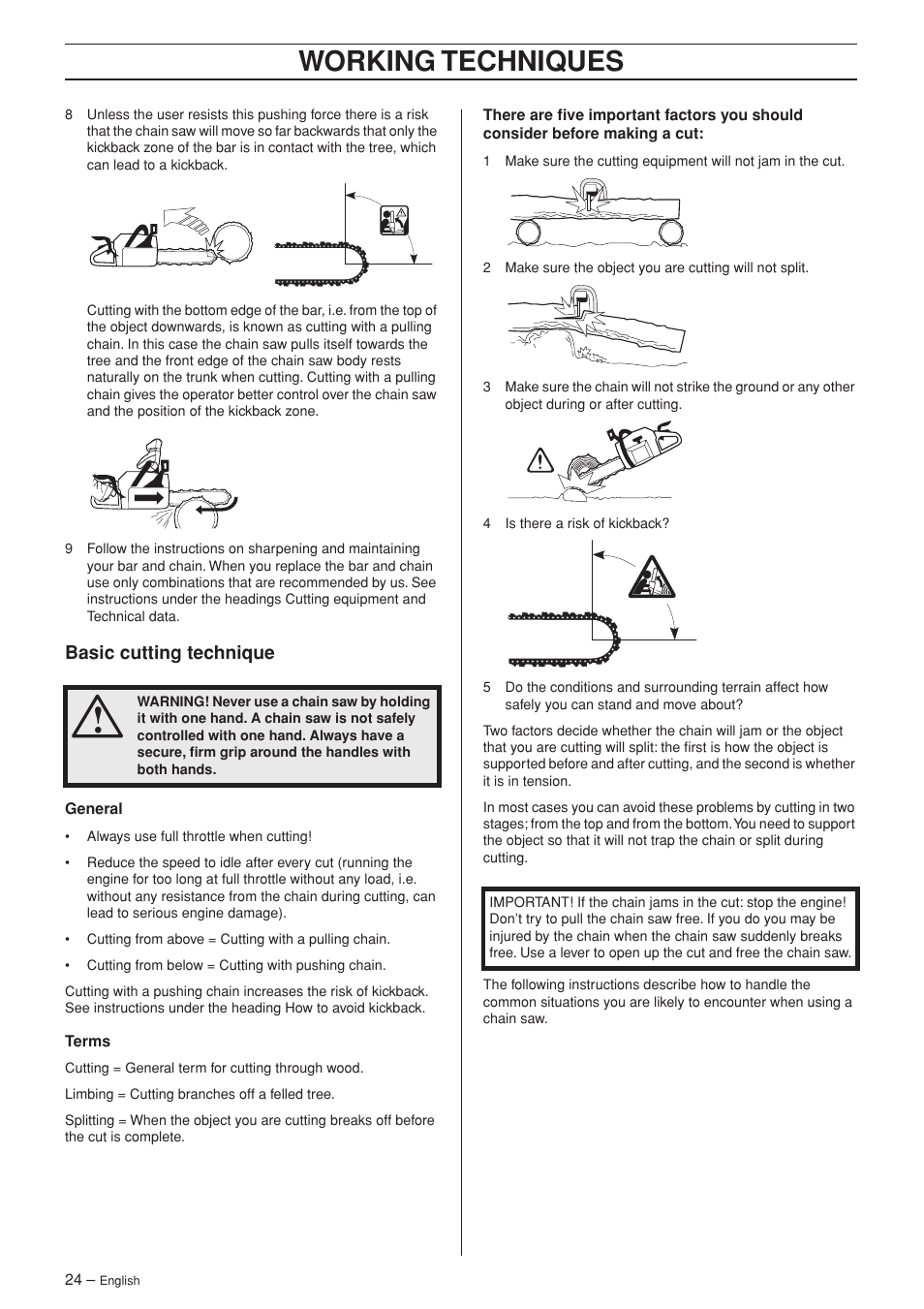 Basic cutting technique, Working techniques | Husqvarna 345e EPA II User Manual | Page 24 / 44