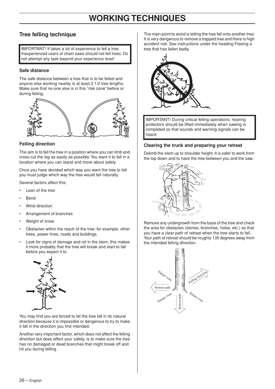 Tree felling technique, Working techniques | Husqvarna 345e EPA II User Manual | Page 26 / 44