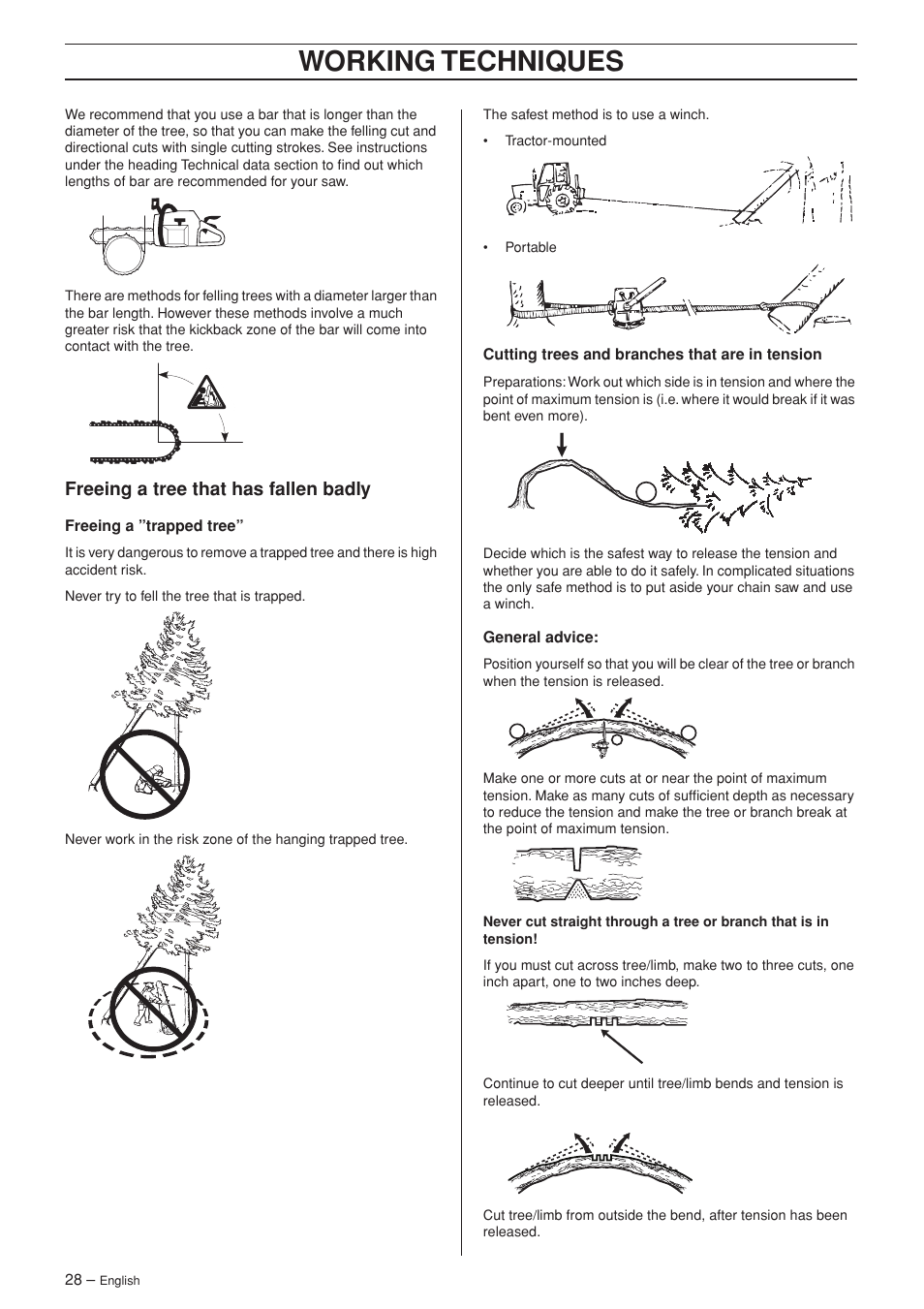 Freeing a tree that has fallen badly, Working techniques | Husqvarna 345e EPA II User Manual | Page 28 / 44