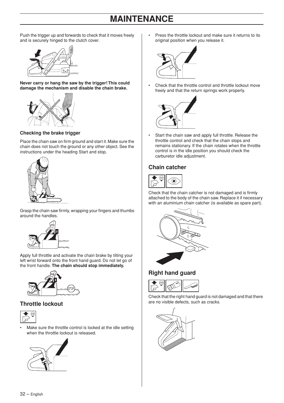 Throttle lockout, Chain catcher, Right hand guard | Maintenance | Husqvarna 345e EPA II User Manual | Page 32 / 44