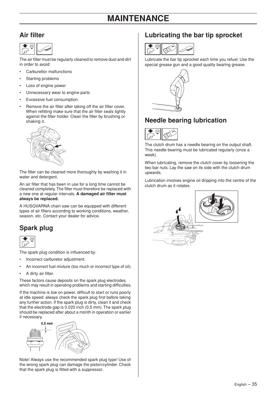 Air filter, Spark plug, Lubricating the bar tip sprocket | Needle bearing lubrication, Maintenance | Husqvarna 345e EPA II User Manual | Page 35 / 44