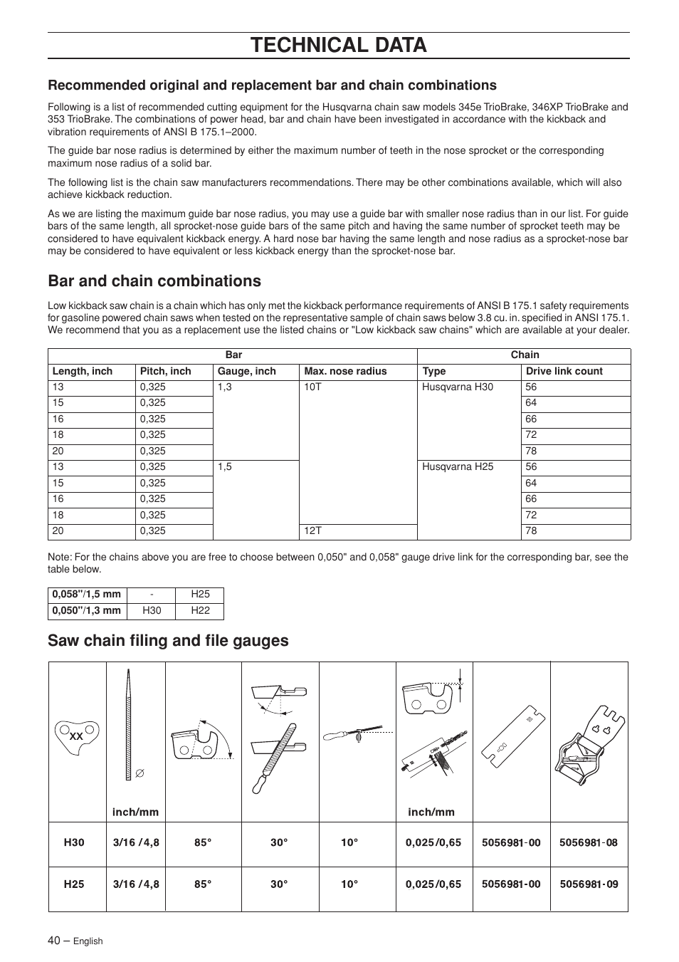 Bar and chain combinations, Saw chain filing and file gauges, Technical data | Husqvarna 345e EPA II User Manual | Page 40 / 44
