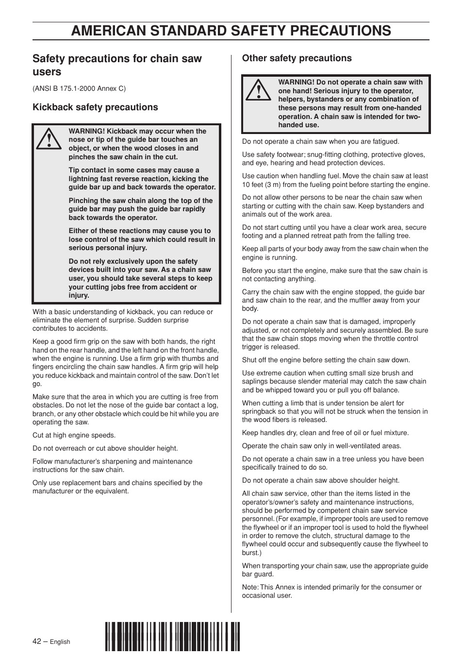 Safety precautions for chain saw users, Kickback safety precautions, Other safety precautions | Z+rf•¶5, American standard safety precautions | Husqvarna 345e EPA II User Manual | Page 42 / 44