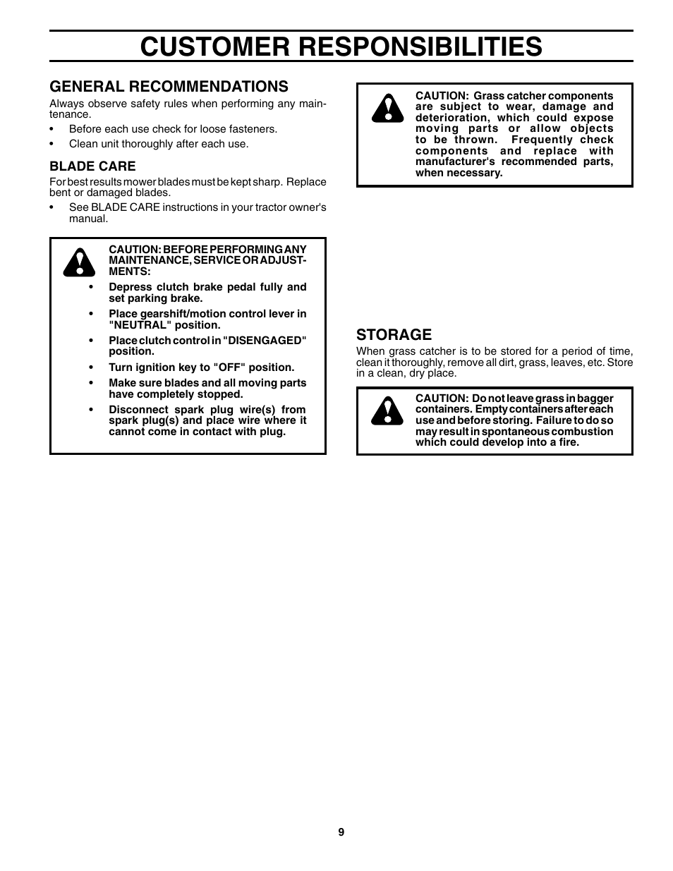 Cust. responsibilities, Customer responsibilities, Storage | General recommendations | Husqvarna H354SG User Manual | Page 9 / 10