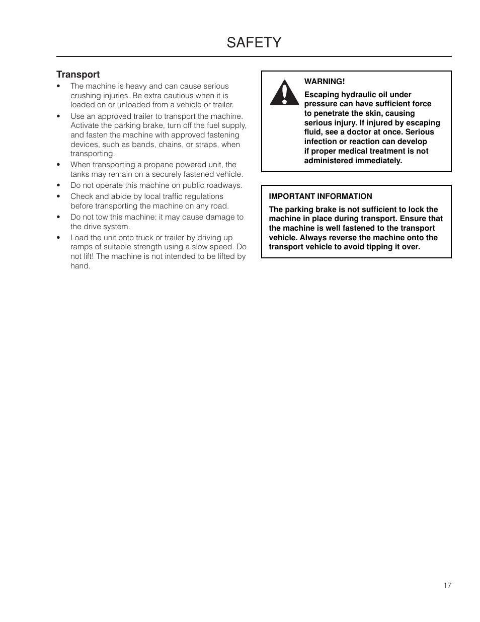 Transport, Safety | Husqvarna 966061401 User Manual | Page 17 / 80