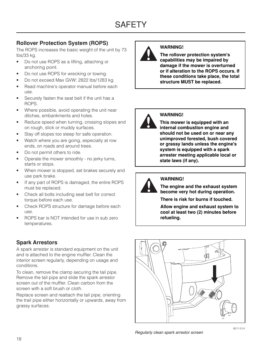 Rollover protection system (rops), Spark arresters, Safety | Husqvarna 966061401 User Manual | Page 18 / 80