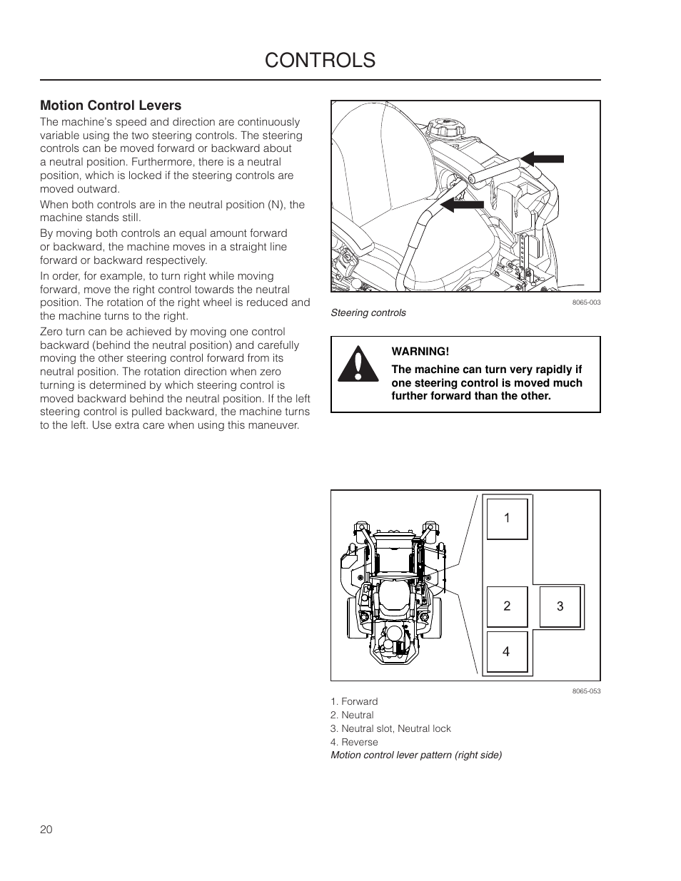 Motion control levers, Controls | Husqvarna 966061401 User Manual | Page 20 / 80
