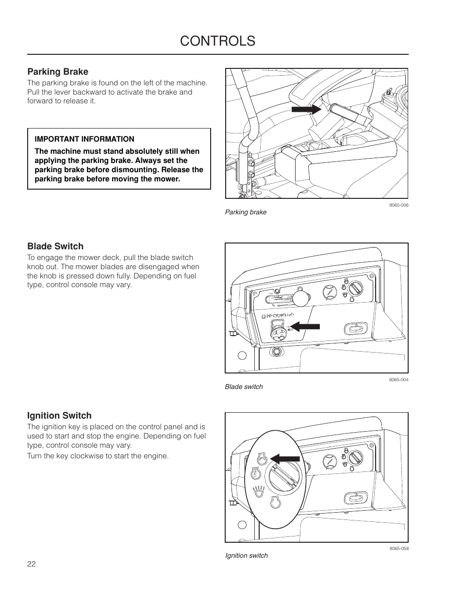 Parking brake, Blade switch, Ignition switch | Controls | Husqvarna 966061401 User Manual | Page 22 / 80