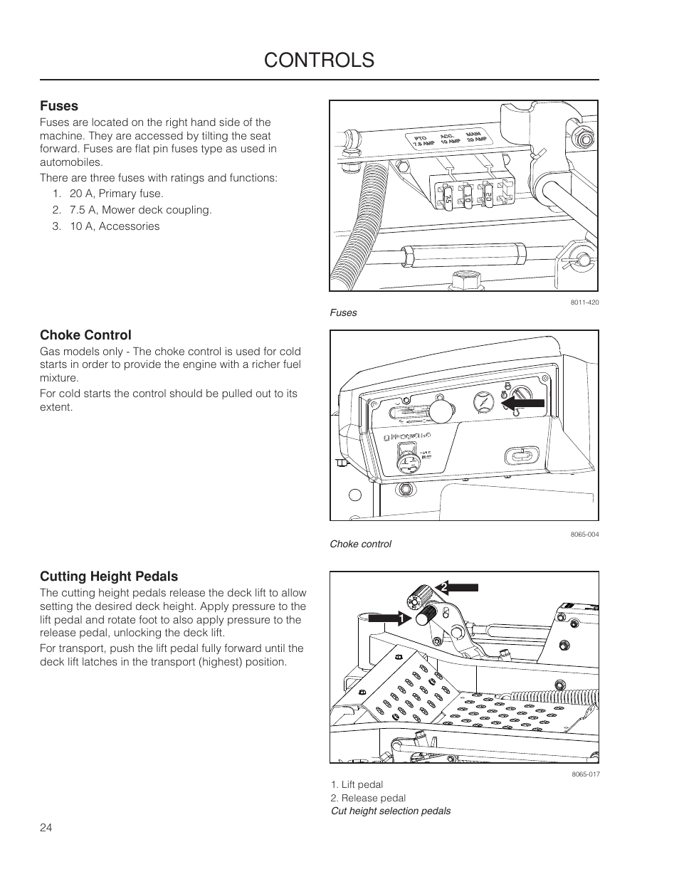 Fuses, Choke control, Cutting height pedals | Controls | Husqvarna 966061401 User Manual | Page 24 / 80