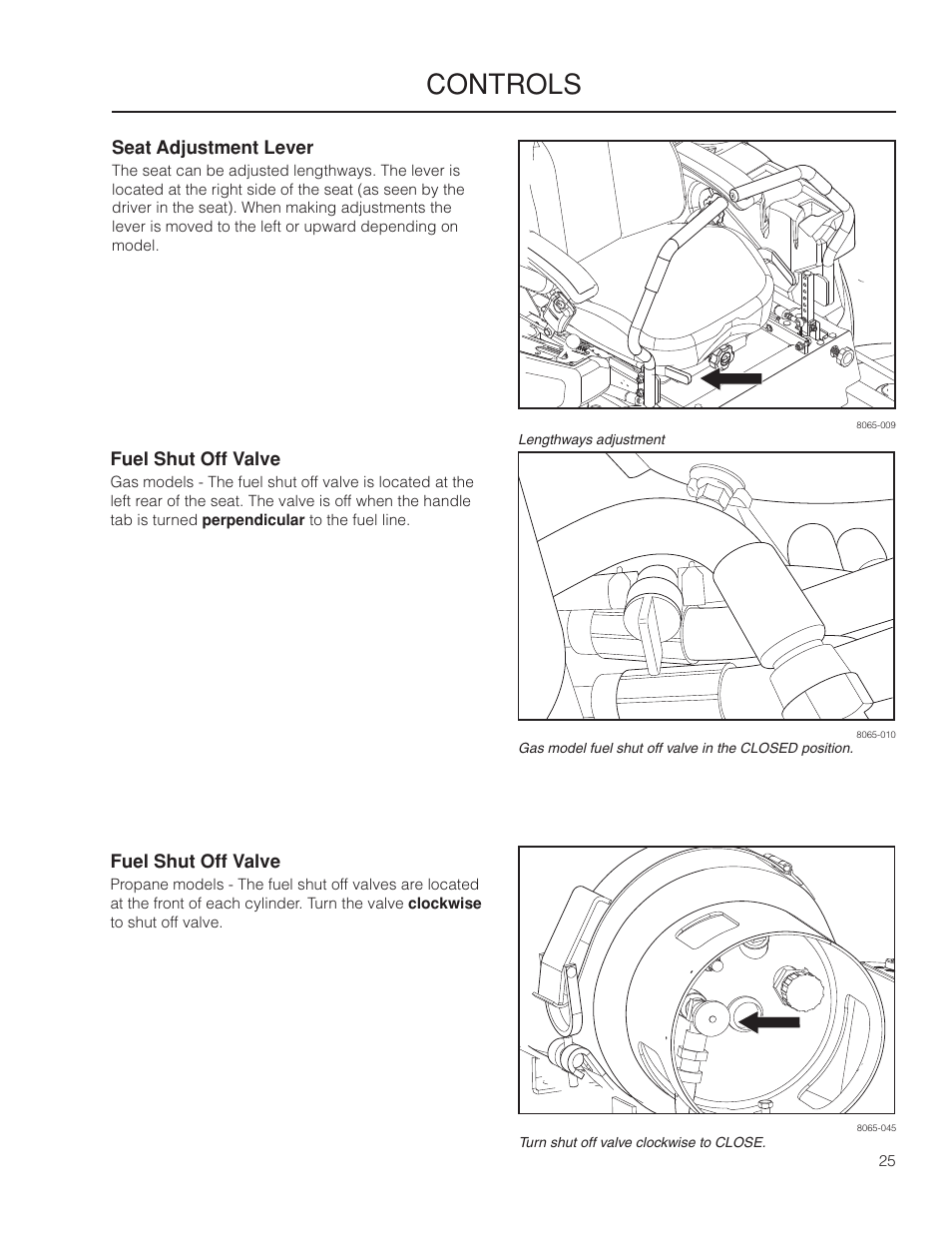 Seat adjustment lever, Fuel shut off valve, Controls | Husqvarna 966061401 User Manual | Page 25 / 80