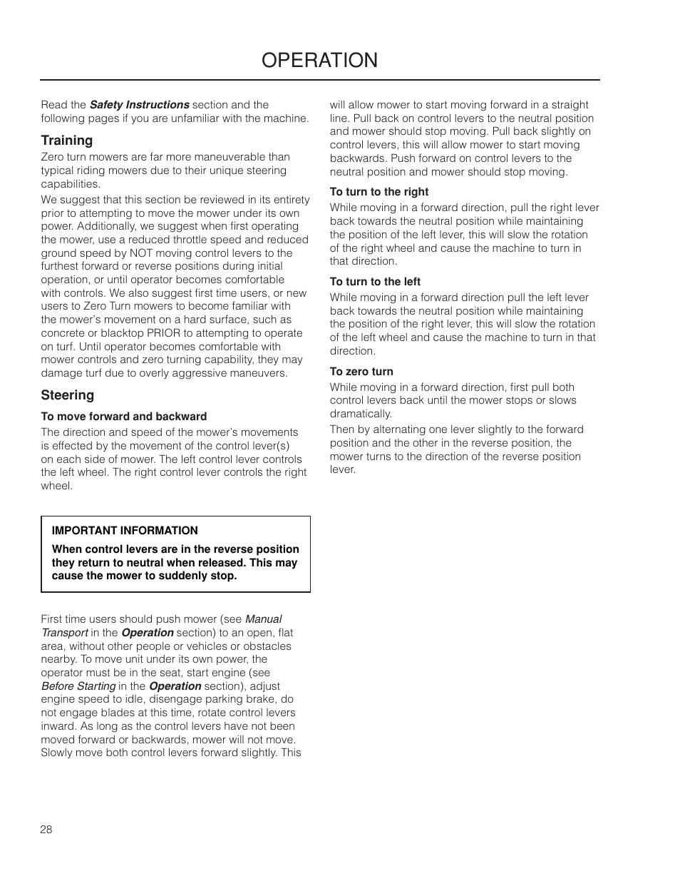 Operation, Training, Steering | Husqvarna 966061401 User Manual | Page 28 / 80
