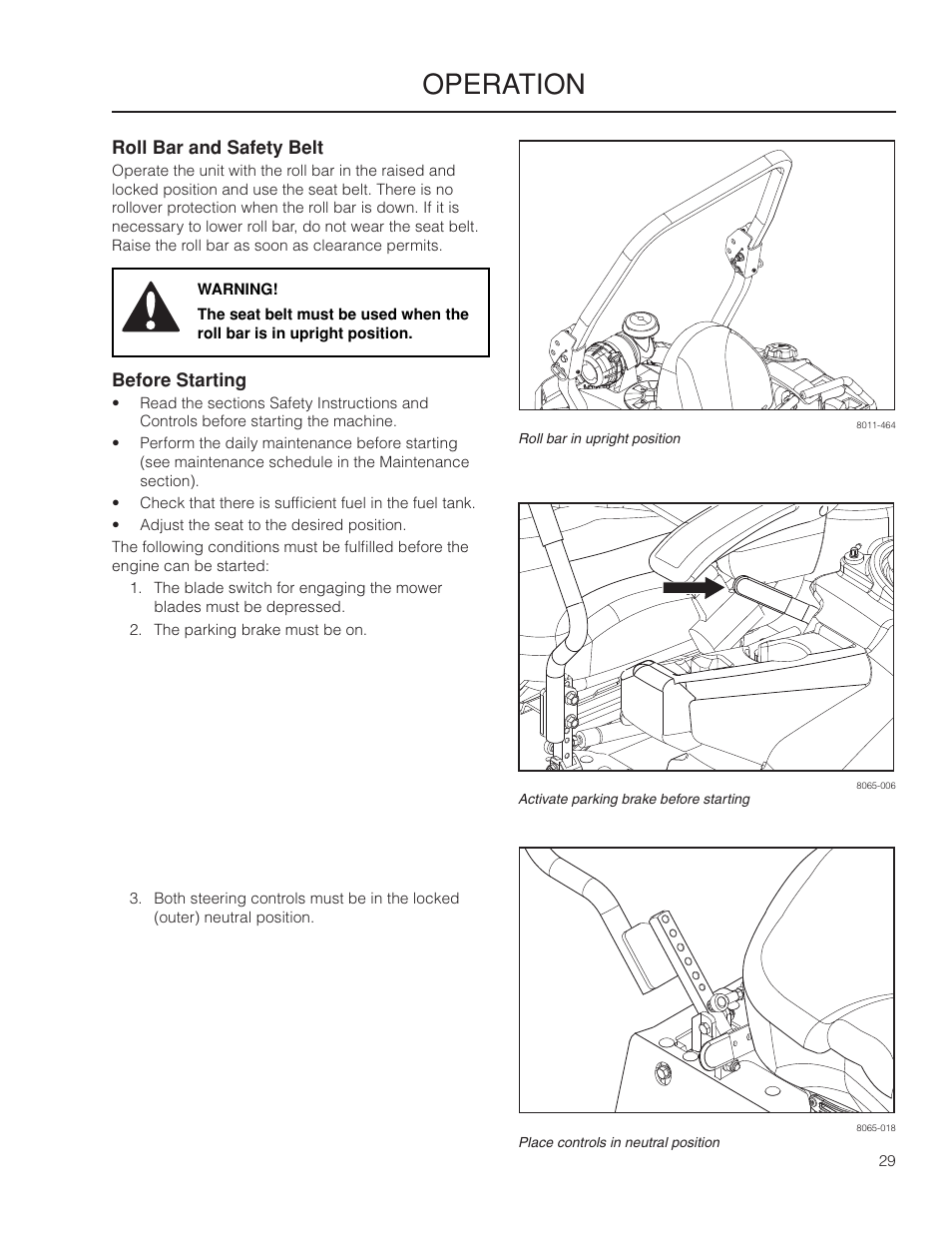 Roll bar and safety belt, Before starting, Operation | Husqvarna 966061401 User Manual | Page 29 / 80