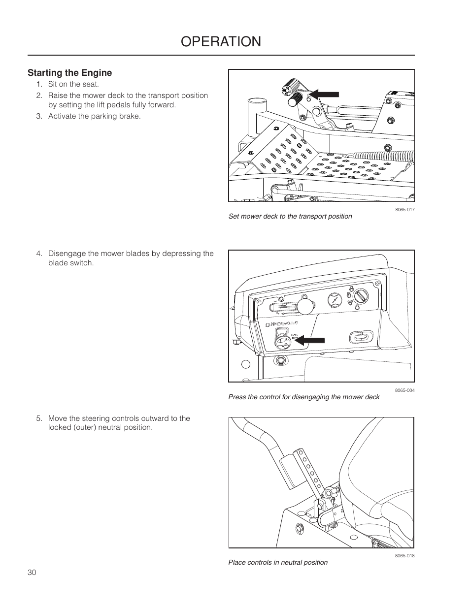 Starting the engine, Operation | Husqvarna 966061401 User Manual | Page 30 / 80