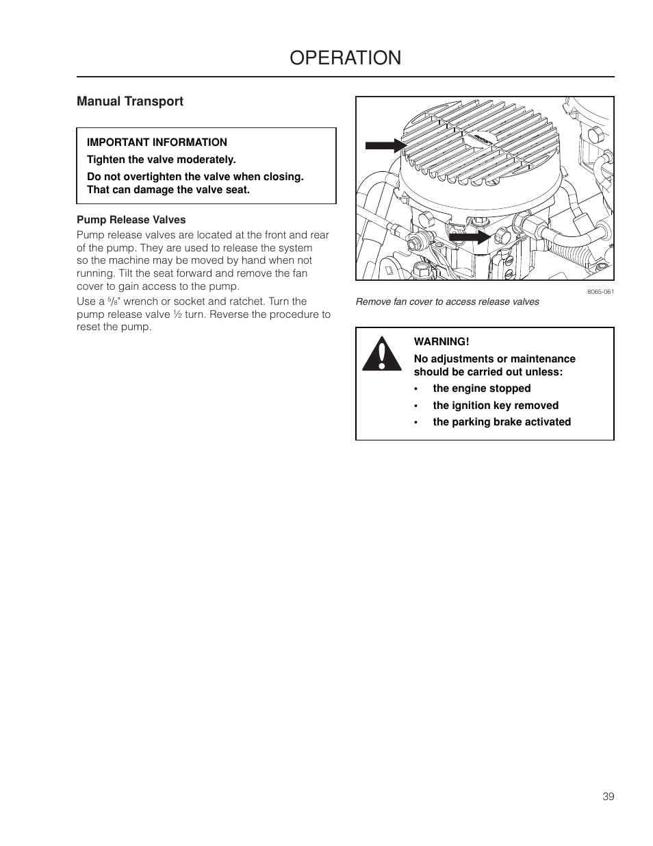Manual transport, Pump release valves, Operation | Husqvarna 966061401 User Manual | Page 39 / 80