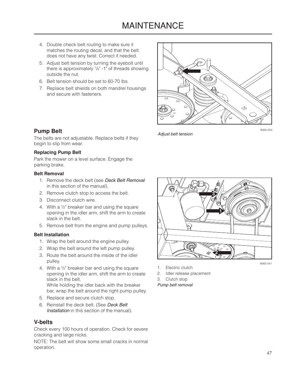 Pump belt, V-belts, Maintenance | Husqvarna 966061401 User Manual | Page 47 / 80