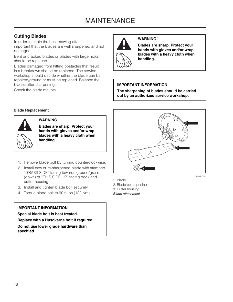 Cutting blades, Maintenance | Husqvarna 966061401 User Manual | Page 48 / 80