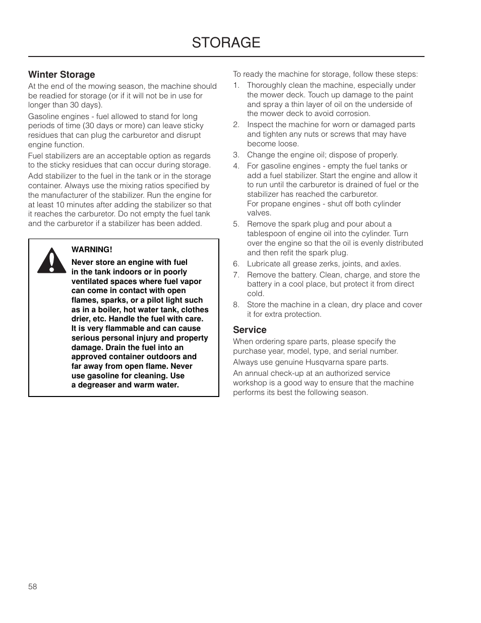 Storage, Winter storage, Service | Husqvarna 966061401 User Manual | Page 58 / 80