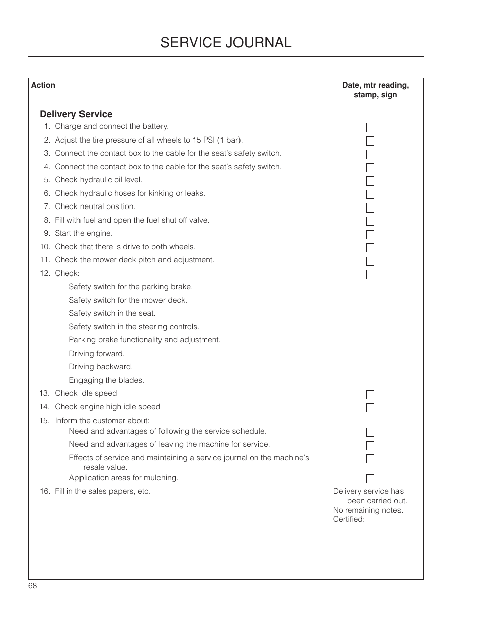 Service journal | Husqvarna 966061401 User Manual | Page 68 / 80