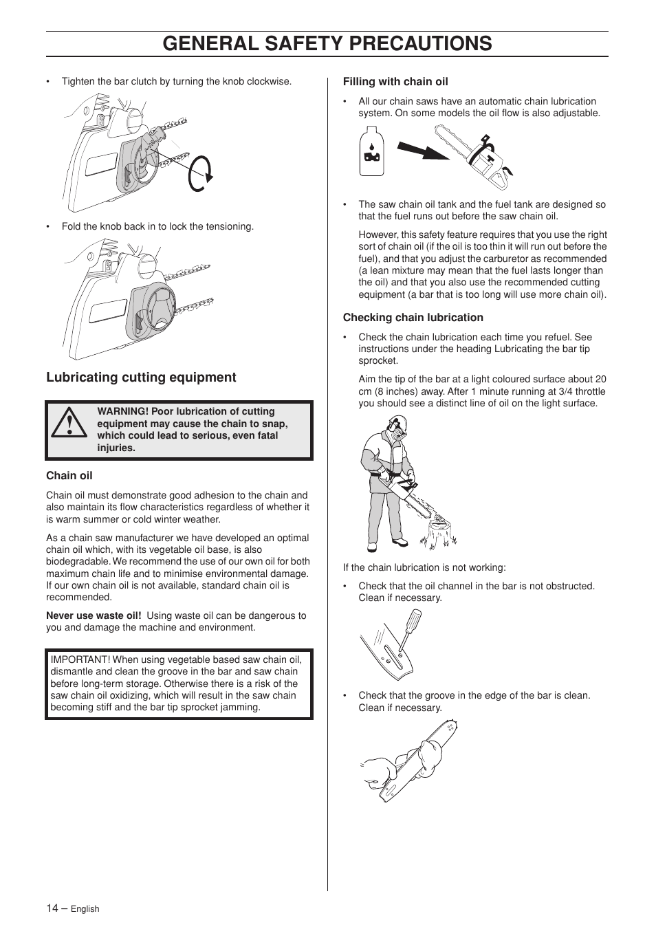 Lubricating cutting equipment, General safety precautions | Husqvarna TAC 345e User Manual | Page 14 / 44