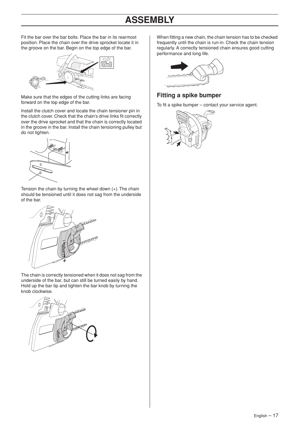 Fitting a spike bumper, Assembly | Husqvarna TAC 345e User Manual | Page 17 / 44