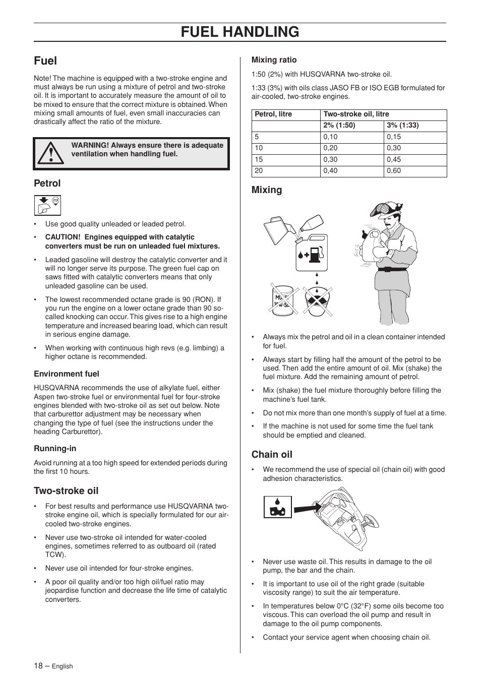 Fuel, Petrol, Two-stroke oil | Mixing, Chain oil, Fuel handling | Husqvarna TAC 345e User Manual | Page 18 / 44