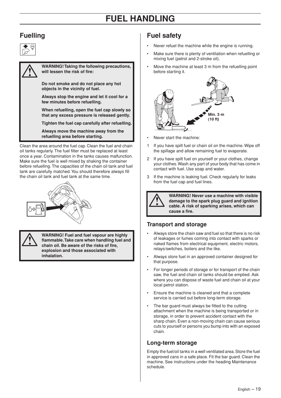 Fuelling, Fuel safety, Transport and storage | Long-term storage, Fuel handling | Husqvarna TAC 345e User Manual | Page 19 / 44